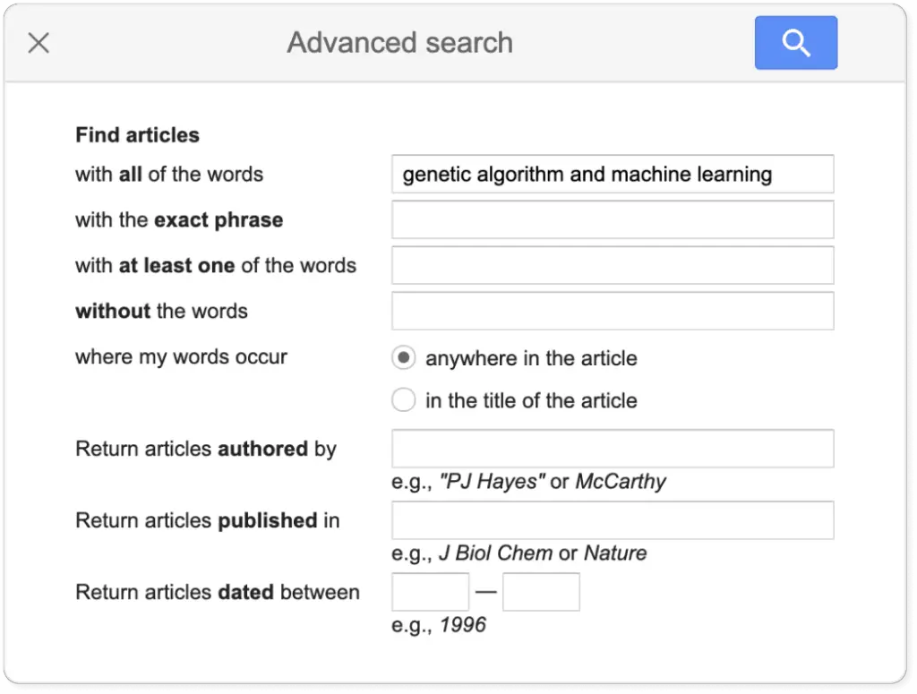 Google Scholar's advanced search interface